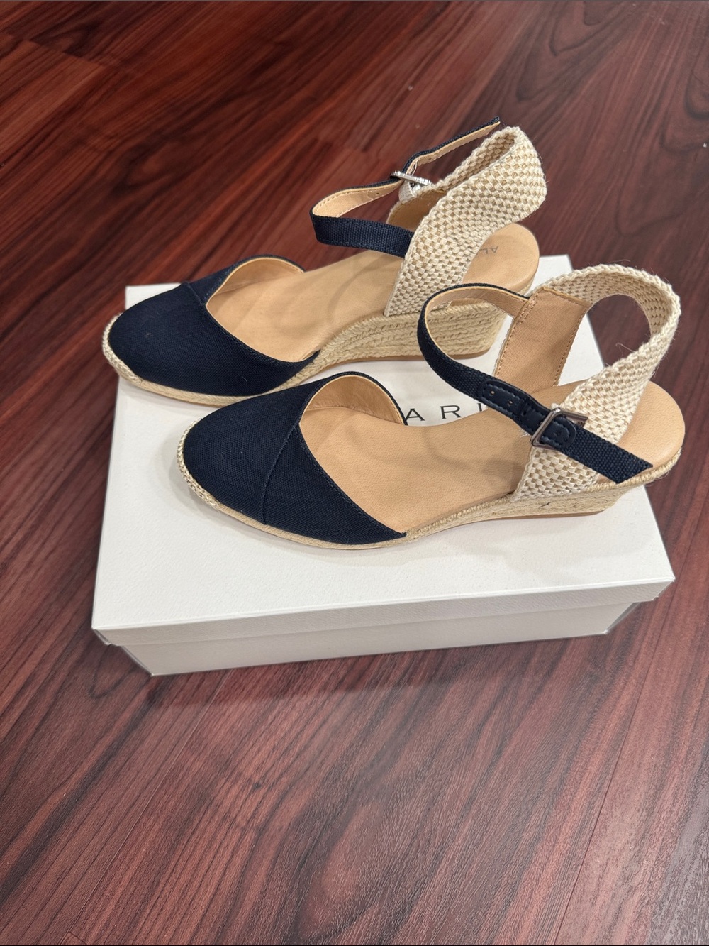 Alex Marie Navy and Tan Espadrille Wedge Sandals NWT